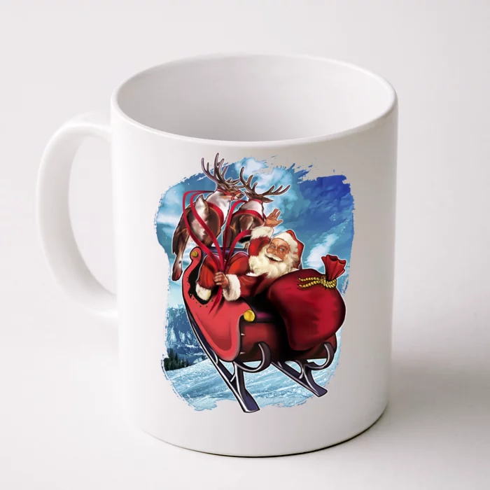 Santa Reindeer Sleigh Flying Over Snow Front & Back Coffee Mug