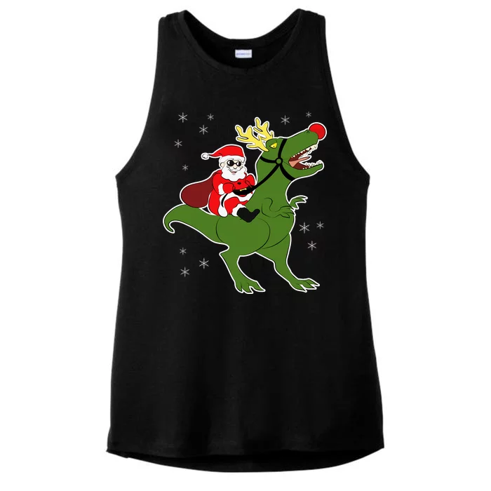 Santa Riding T-Rex Ladies Tri-Blend Wicking Tank