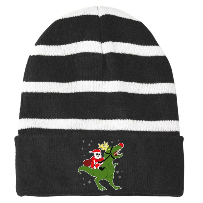 Santa Riding T-Rex Striped Beanie with Solid Band