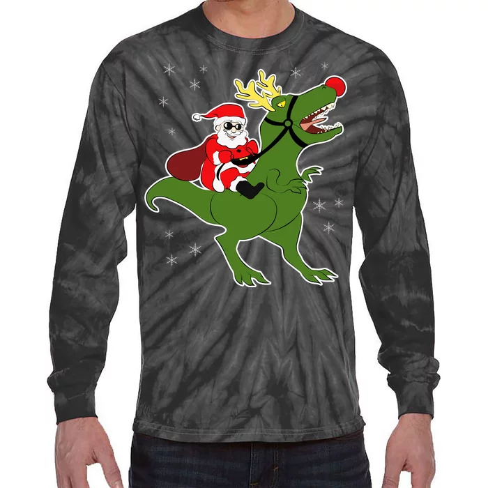 Santa Riding T-Rex Tie-Dye Long Sleeve Shirt