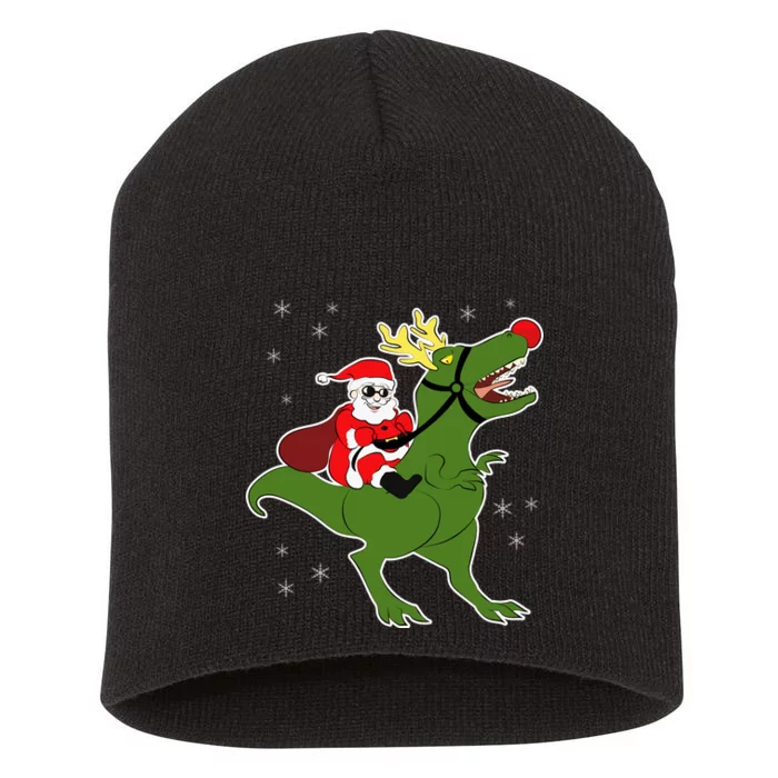 Santa Riding T-Rex Short Acrylic Beanie