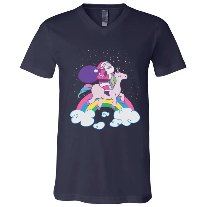 Santa Riding Unicorn V-Neck T-Shirt