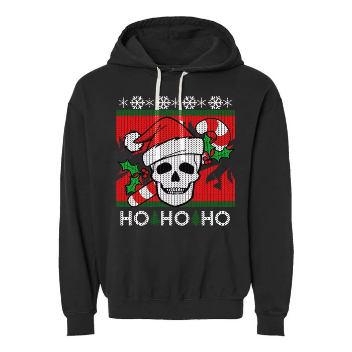 Santa Skull Candy Cane Ugly Christmas Sweater Garment-Dyed Fleece Hoodie