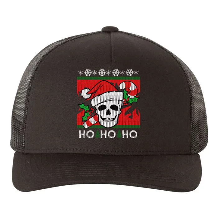 Santa Skull Candy Cane Ugly Christmas Sweater Yupoong Adult 5-Panel Trucker Hat