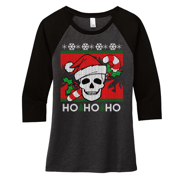 Santa Skull Candy Cane Ugly Christmas Sweater Women's Tri-Blend 3/4-Sleeve Raglan Shirt