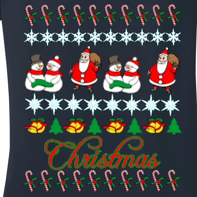 Santa Snowman Ugly Christmas Sweater Women's V-Neck T-Shirt