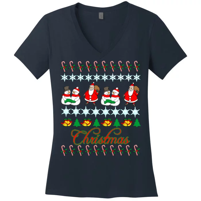 Santa Snowman Ugly Christmas Sweater Women's V-Neck T-Shirt