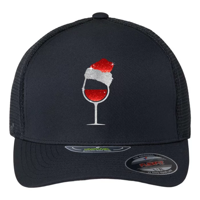 Santa Sparkly Wine Glass Flexfit Unipanel Trucker Cap