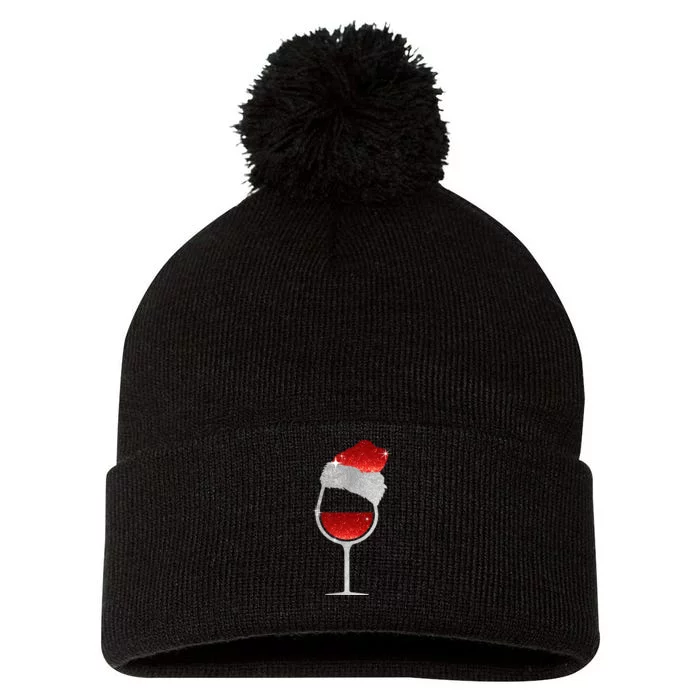 Santa Sparkly Wine Glass Pom Pom 12in Knit Beanie