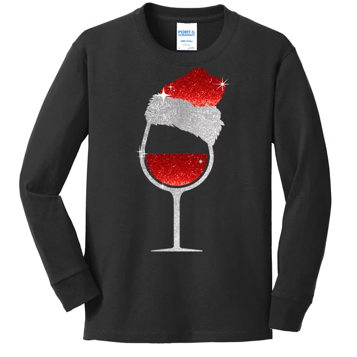 Santa Sparkly Wine Glass Kids Long Sleeve Shirt