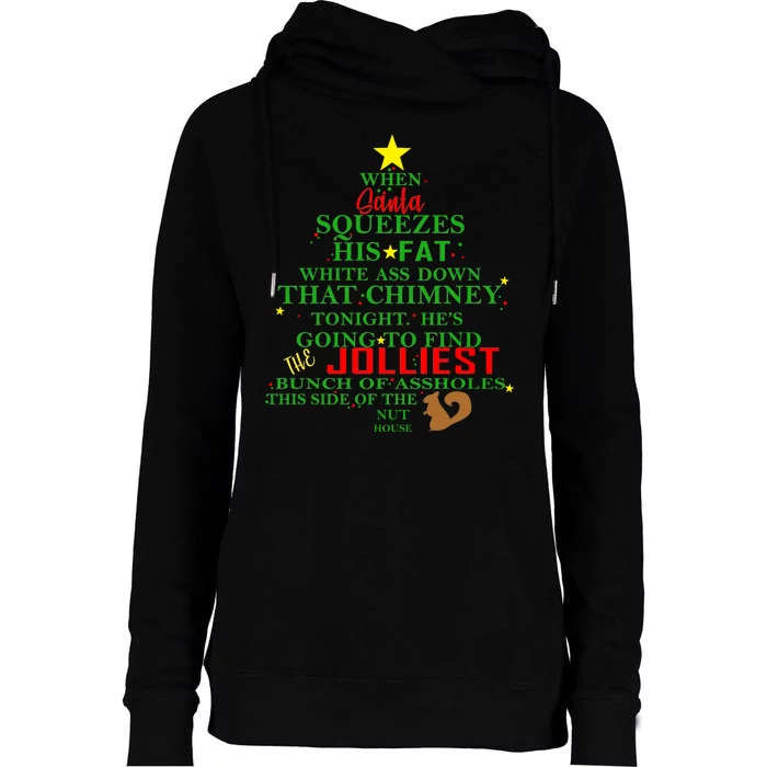 Santa Squeezes Down The Chimney Womens Funnel Neck Pullover Hood