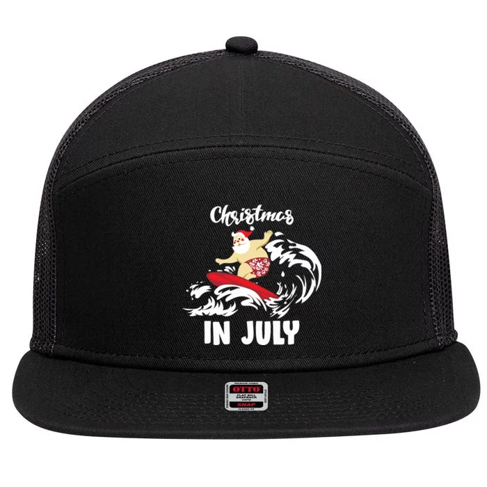 Santa Surfing Christmas In July 7 Panel Mesh Trucker Snapback Hat