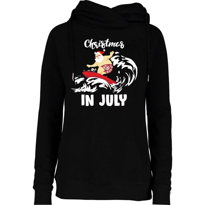 Santa Surfing Christmas In July Womens Funnel Neck Pullover Hood