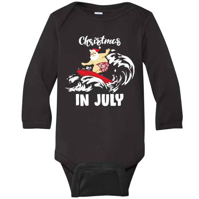 Santa Surfing Christmas In July Baby Long Sleeve Bodysuit