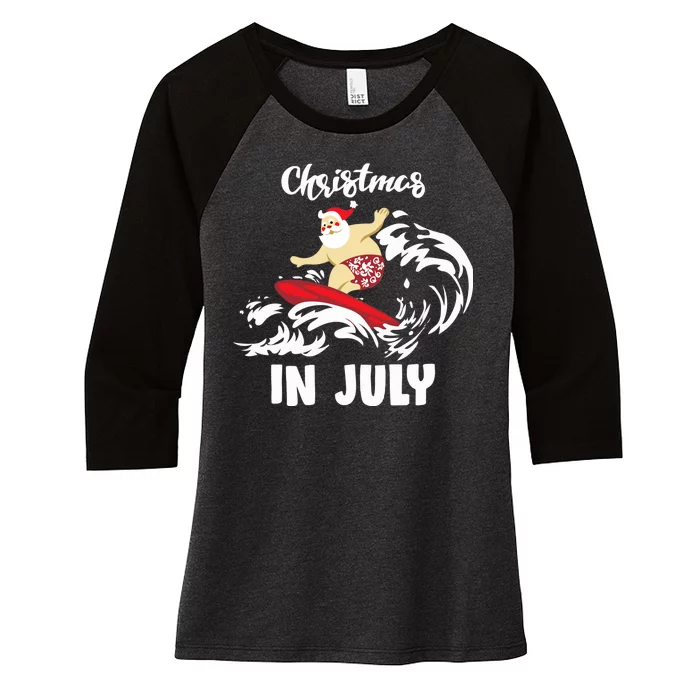 Santa Surfing Christmas In July Women's Tri-Blend 3/4-Sleeve Raglan Shirt