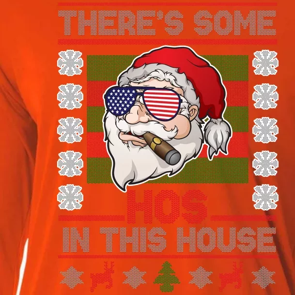 Santa There's Some Hos In This House Flag Ugly Christmas Sweater Cooling Performance Long Sleeve Crew