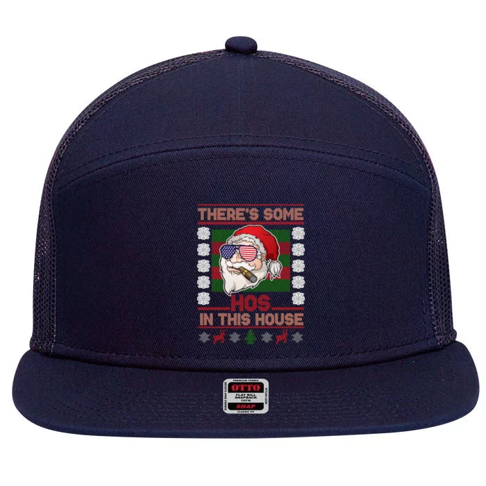 Santa There's Some Hos In This House Flag Ugly Christmas Sweater 7 Panel Mesh Trucker Snapback Hat