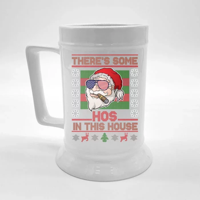 Santa There's Some Hos In This House Flag Ugly Christmas Sweater Front & Back Beer Stein