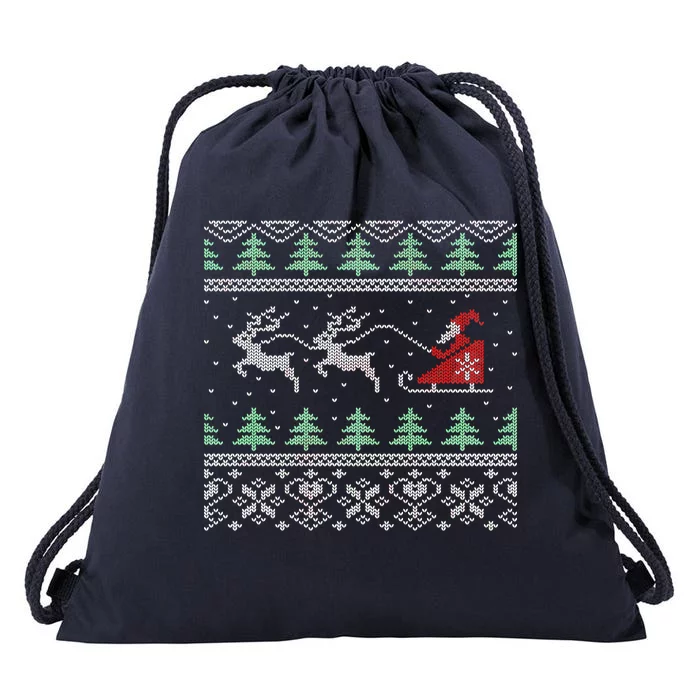 Santa's Retro Sleigh And Reindeer Ugly Christmas Sweater Drawstring Bag