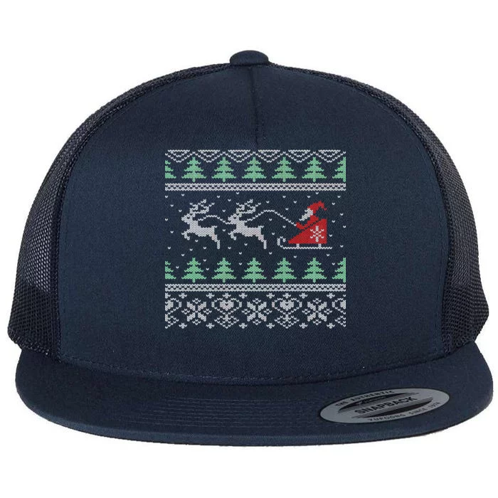 Santa's Retro Sleigh And Reindeer Ugly Christmas Sweater Flat Bill Trucker Hat