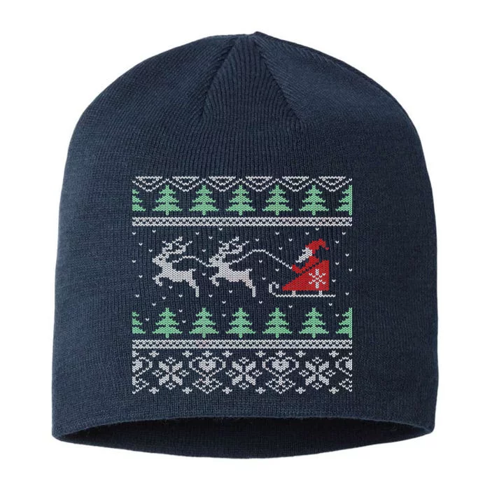 Santa's Retro Sleigh And Reindeer Ugly Christmas Sweater 8 1/2in Sustainable Knit Beanie