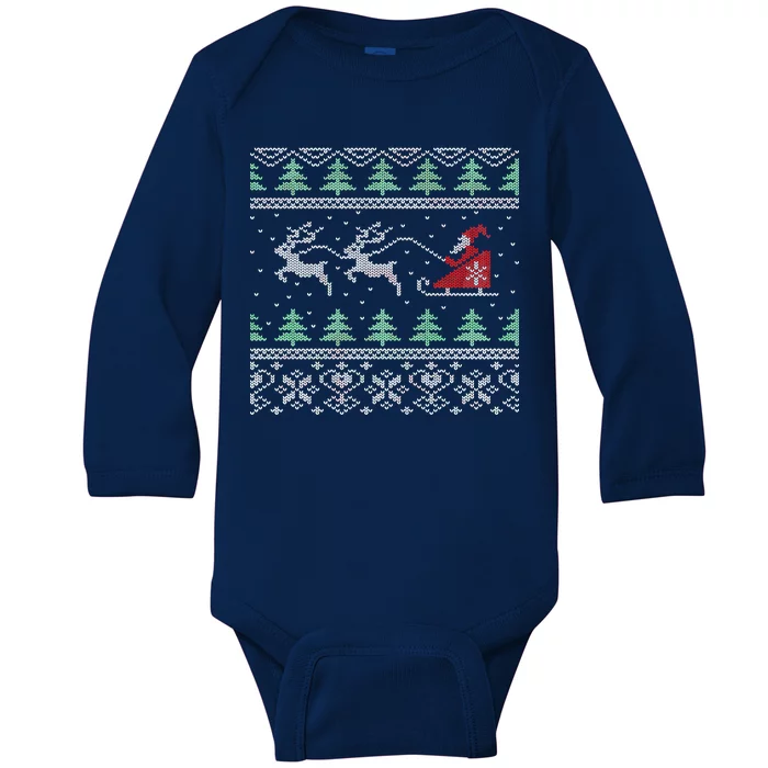 Santa's Retro Sleigh And Reindeer Ugly Christmas Sweater Baby Long Sleeve Bodysuit