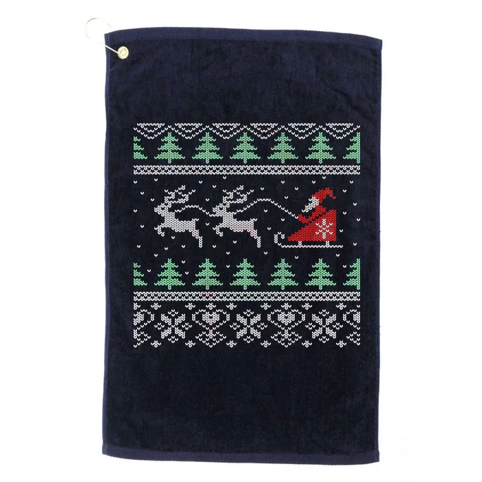 Santa's Retro Sleigh And Reindeer Ugly Christmas Sweater Platinum Collection Golf Towel