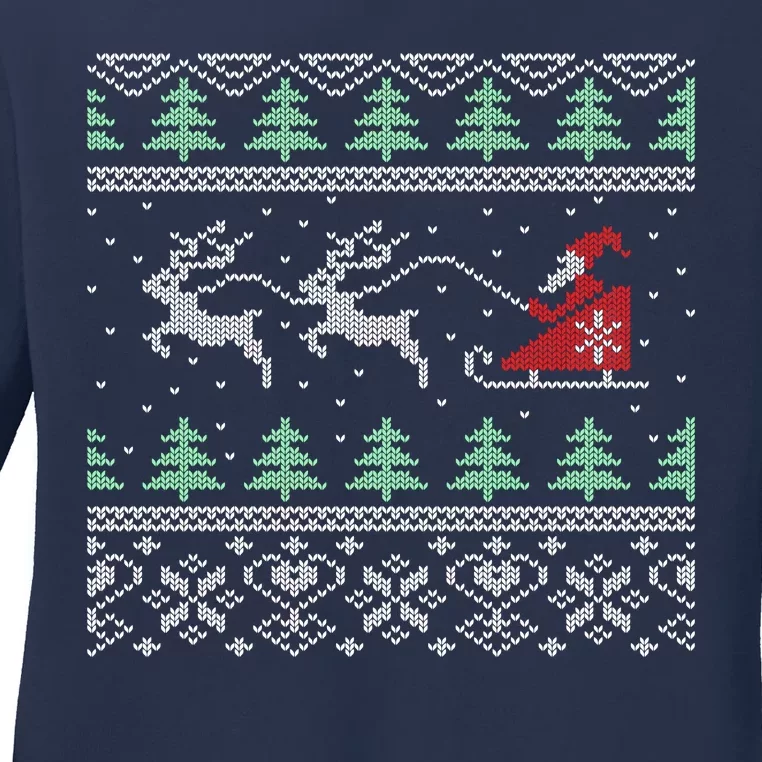 Santa's Retro Sleigh And Reindeer Ugly Christmas Sweater Ladies Long Sleeve Shirt