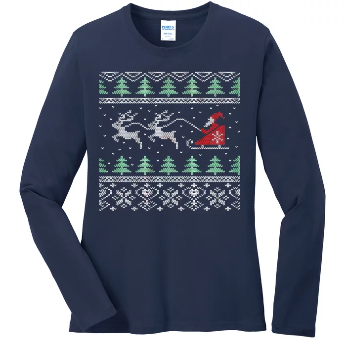 Santa's Retro Sleigh And Reindeer Ugly Christmas Sweater Ladies Long Sleeve Shirt