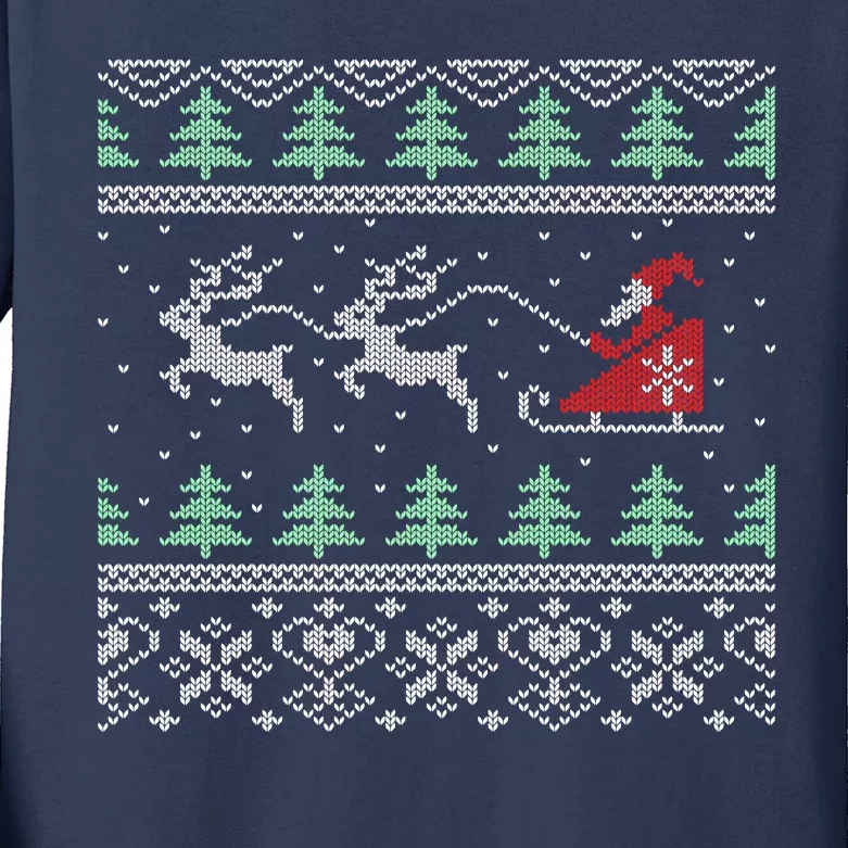 Santa's Retro Sleigh And Reindeer Ugly Christmas Sweater Kids Long Sleeve Shirt