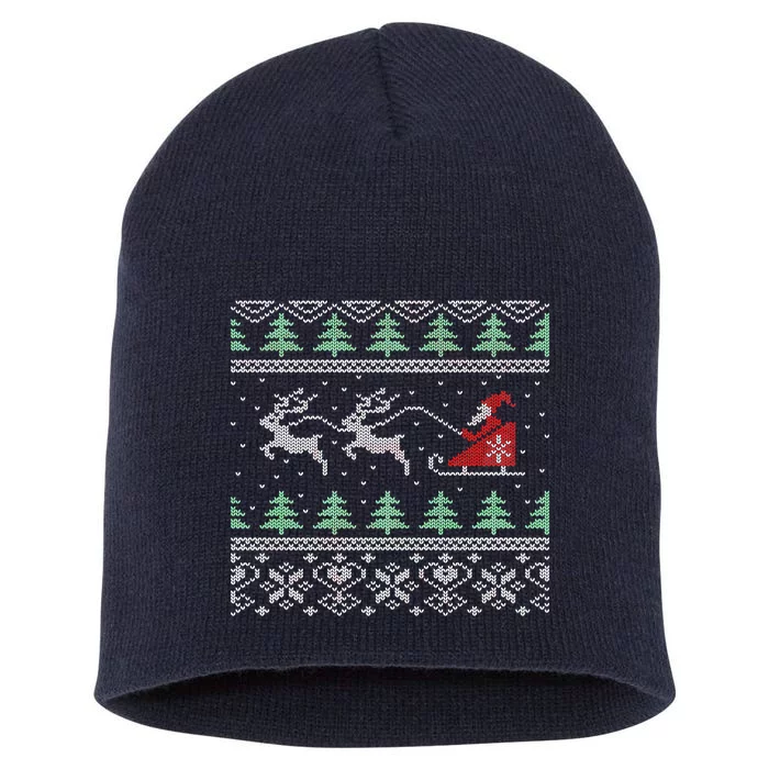 Santa's Retro Sleigh And Reindeer Ugly Christmas Sweater Short Acrylic Beanie