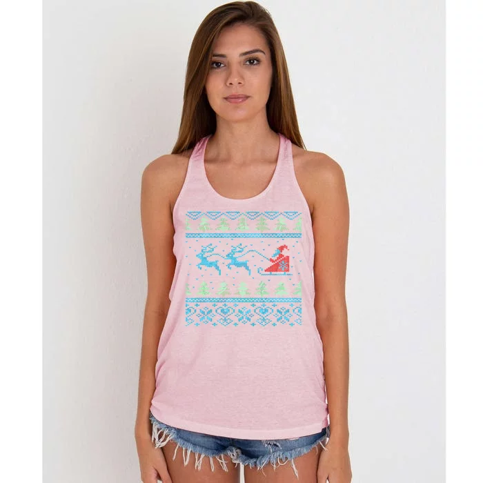 Santa's Retro Sleigh And Reindeer Ugly Christmas Sweater Women's Knotted Racerback Tank