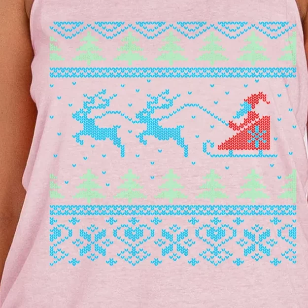 Santa's Retro Sleigh And Reindeer Ugly Christmas Sweater Women's Knotted Racerback Tank