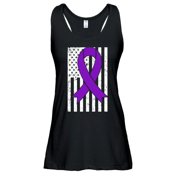 Sarcoidosis Awareness Purple Ribbon American Flag Graphic Ladies Essential Flowy Tank