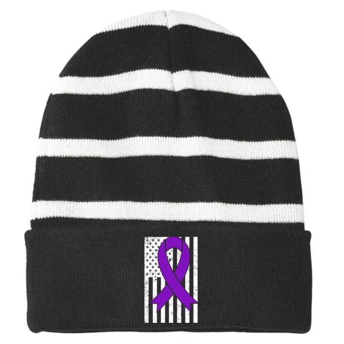 Sarcoidosis Awareness Purple Ribbon American Flag Graphic Striped Beanie with Solid Band