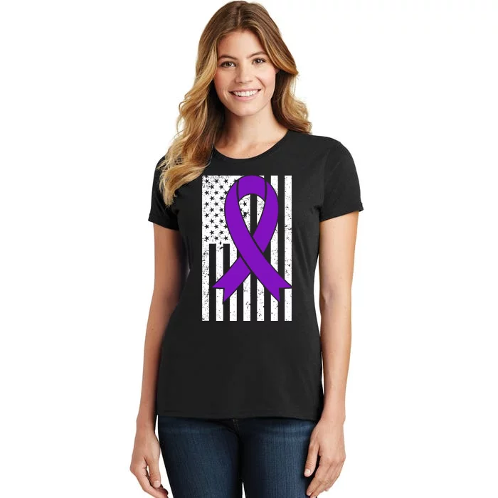 Sarcoidosis Awareness Purple Ribbon American Flag Graphic Women's T-Shirt