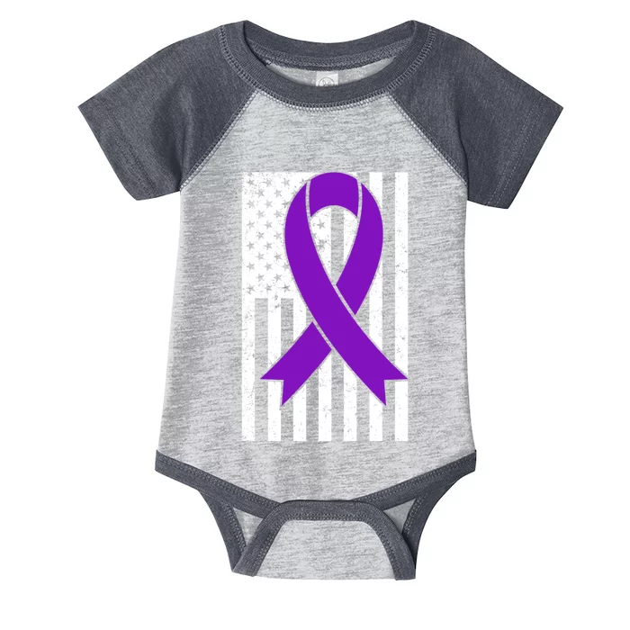 Sarcoidosis Awareness Purple Ribbon American Flag Graphic Infant Baby Jersey Bodysuit