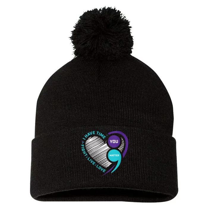 Suicide Awareness Prevention Heart Semi Colon You Matter Pom Pom 12in Knit Beanie