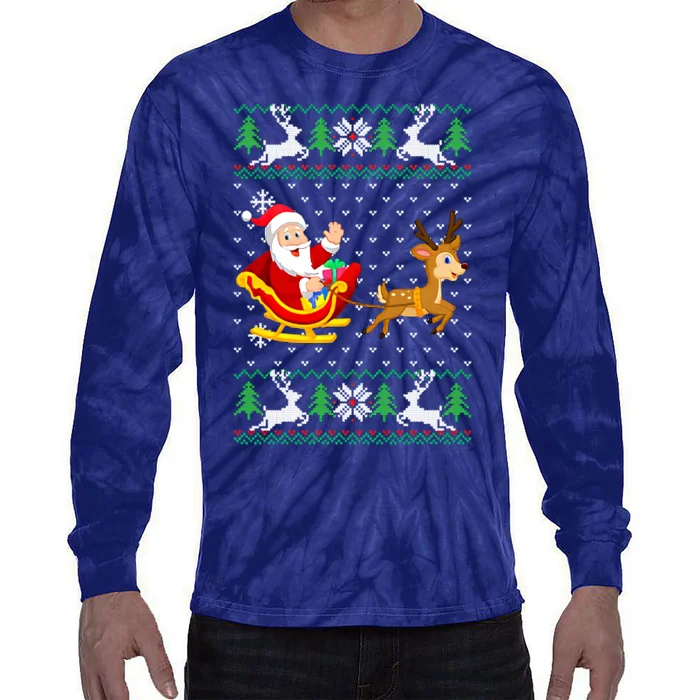 Santa And Reindeer Ugly Christmas Tie-Dye Long Sleeve Shirt