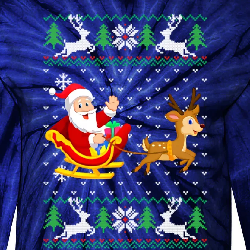 Santa And Reindeer Ugly Christmas Tie-Dye Long Sleeve Shirt