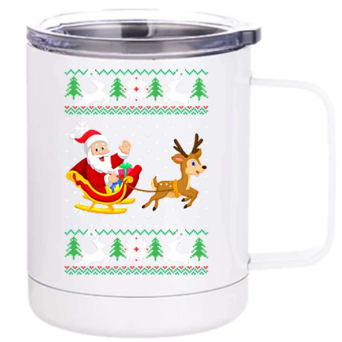 Santa And Reindeer Ugly Christmas Front & Back 12oz Stainless Steel Tumbler Cup