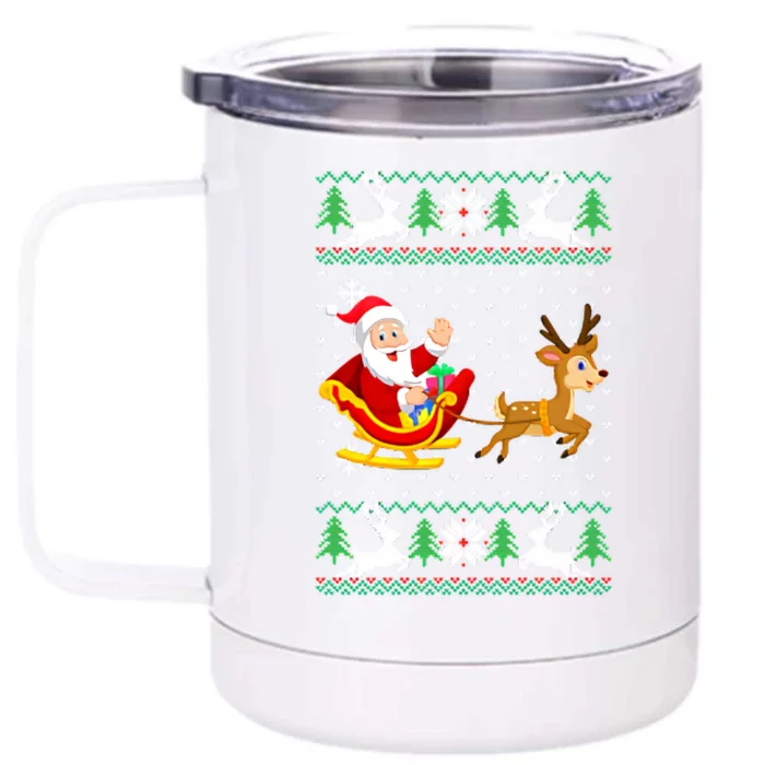 Santa And Reindeer Ugly Christmas Front & Back 12oz Stainless Steel Tumbler Cup