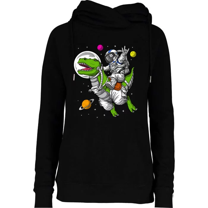 Space Astronaut Riding Trex Dinosaur Funny Boy Womens Funnel Neck Pullover Hood