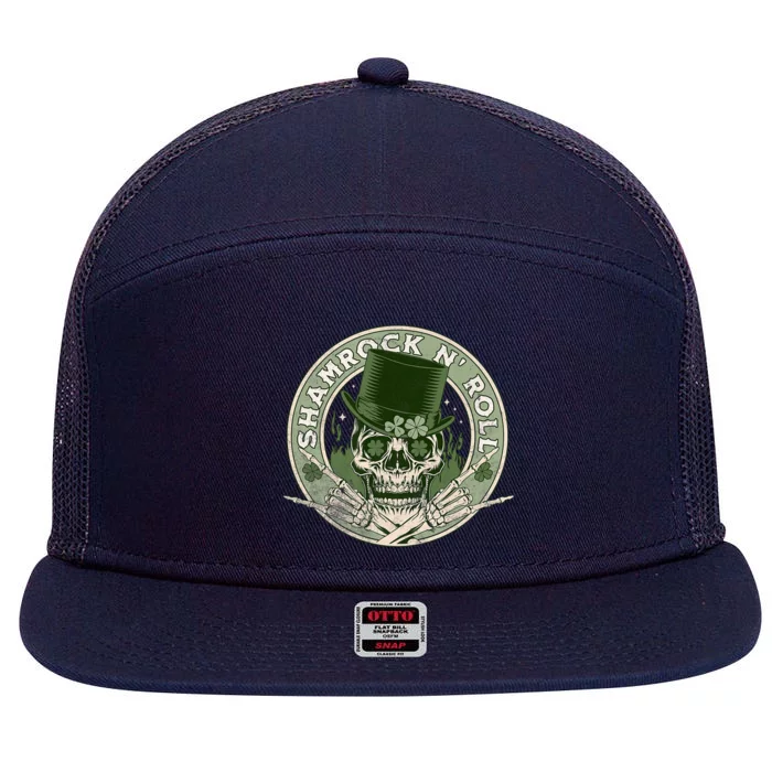 Shamrock and Roll - Rock and Roll Saint Patrick's Day Skull Premium 7 Panel Mesh Trucker Snapback Hat