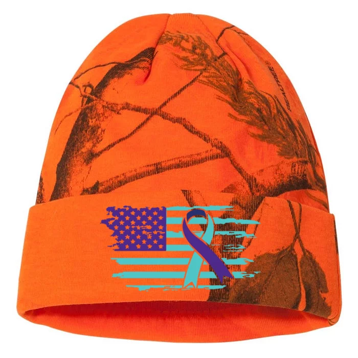 Suicide Awareness Ribbon American Flag Kati - 12in Camo Beanie