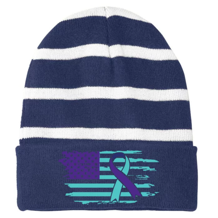 Suicide Awareness Ribbon American Flag Striped Beanie with Solid Band