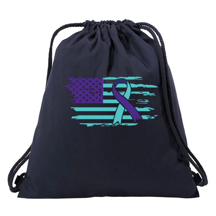 Suicide Awareness Ribbon American Flag Drawstring Bag