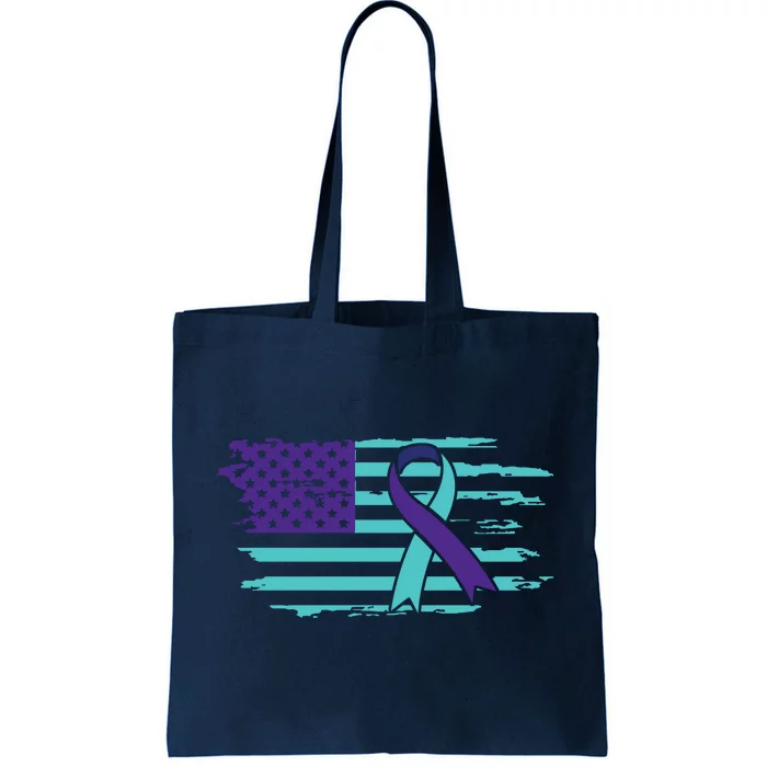 Suicide Awareness Ribbon American Flag Tote Bag