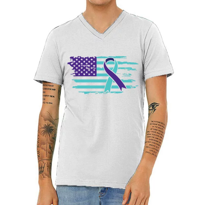 Suicide Awareness Ribbon American Flag V-Neck T-Shirt