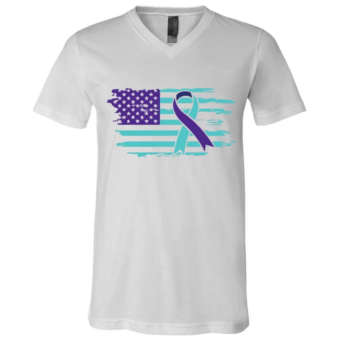 Suicide Awareness Ribbon American Flag V-Neck T-Shirt